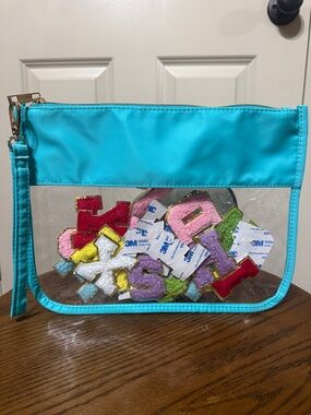 Turquoise Clear Wristlet Pouch with Colorful Felt Letters